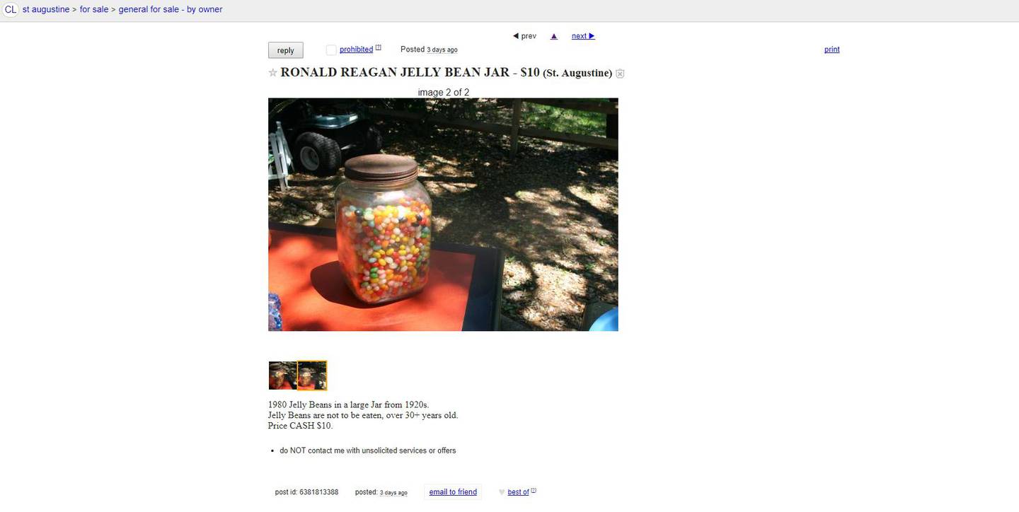 St Augustine Craigslist posting for Jelly Beans from the ...